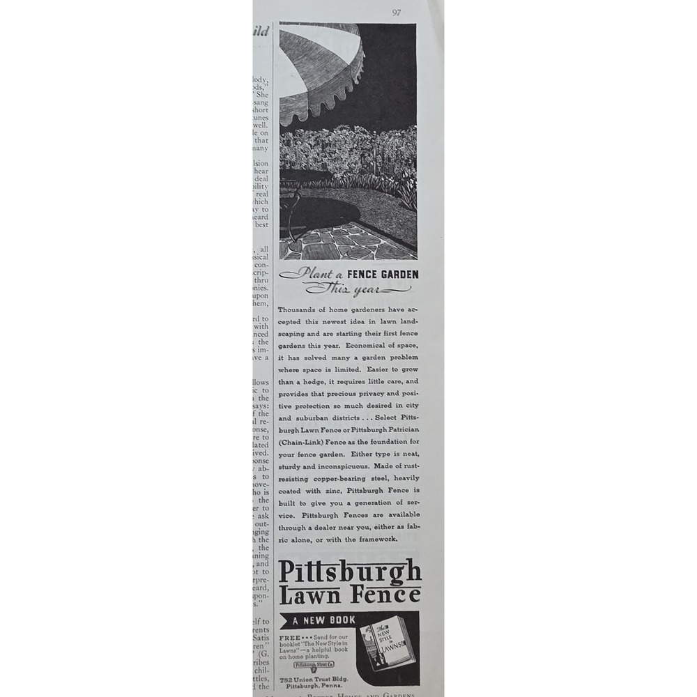 1932 Vintage Pittsburgh Lawn Fence Ad "Plant a Fence Garden This Year"